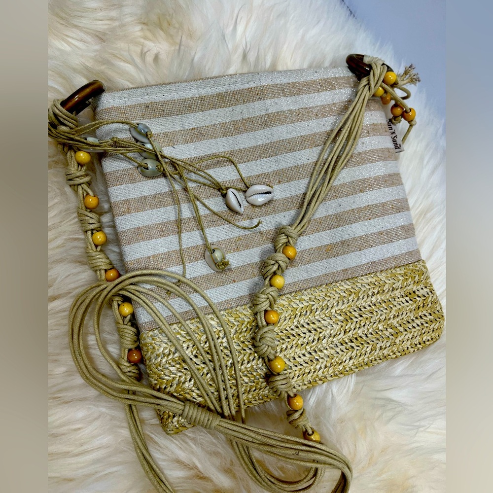 Sand & Sea Boho Crossbody Bag Sparkly Cream and Tan Stripes Hand knotted Rope